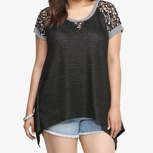 Torrid floral terry lace sharkbite raglan top
